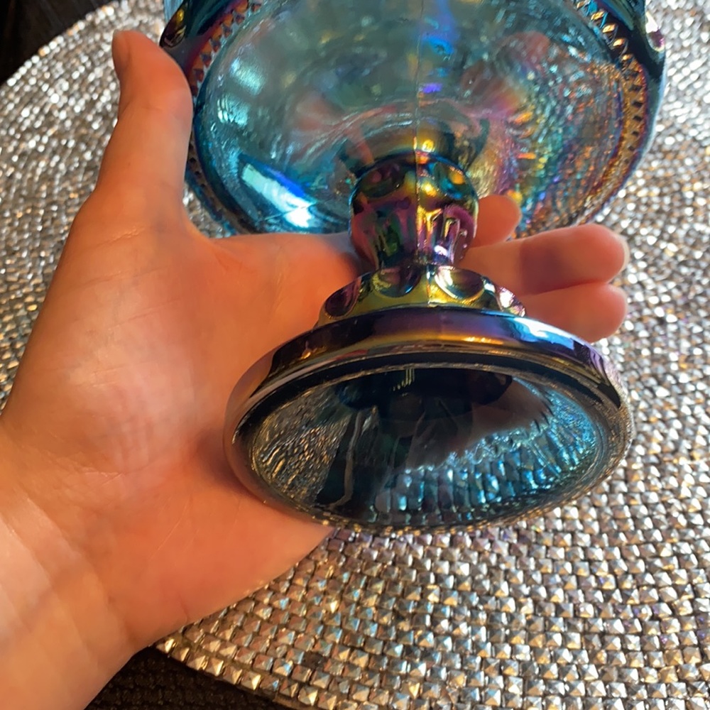 Large Blue Iridescent Carnival Compote Glass - Picture 4 of 6